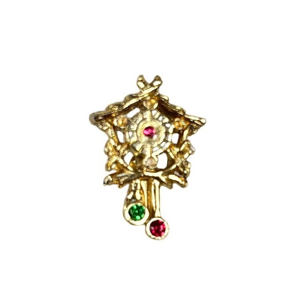 Vintage Retro Articulated Cuckoo Clock Rhinestone Brooch Gold Lapel Pin